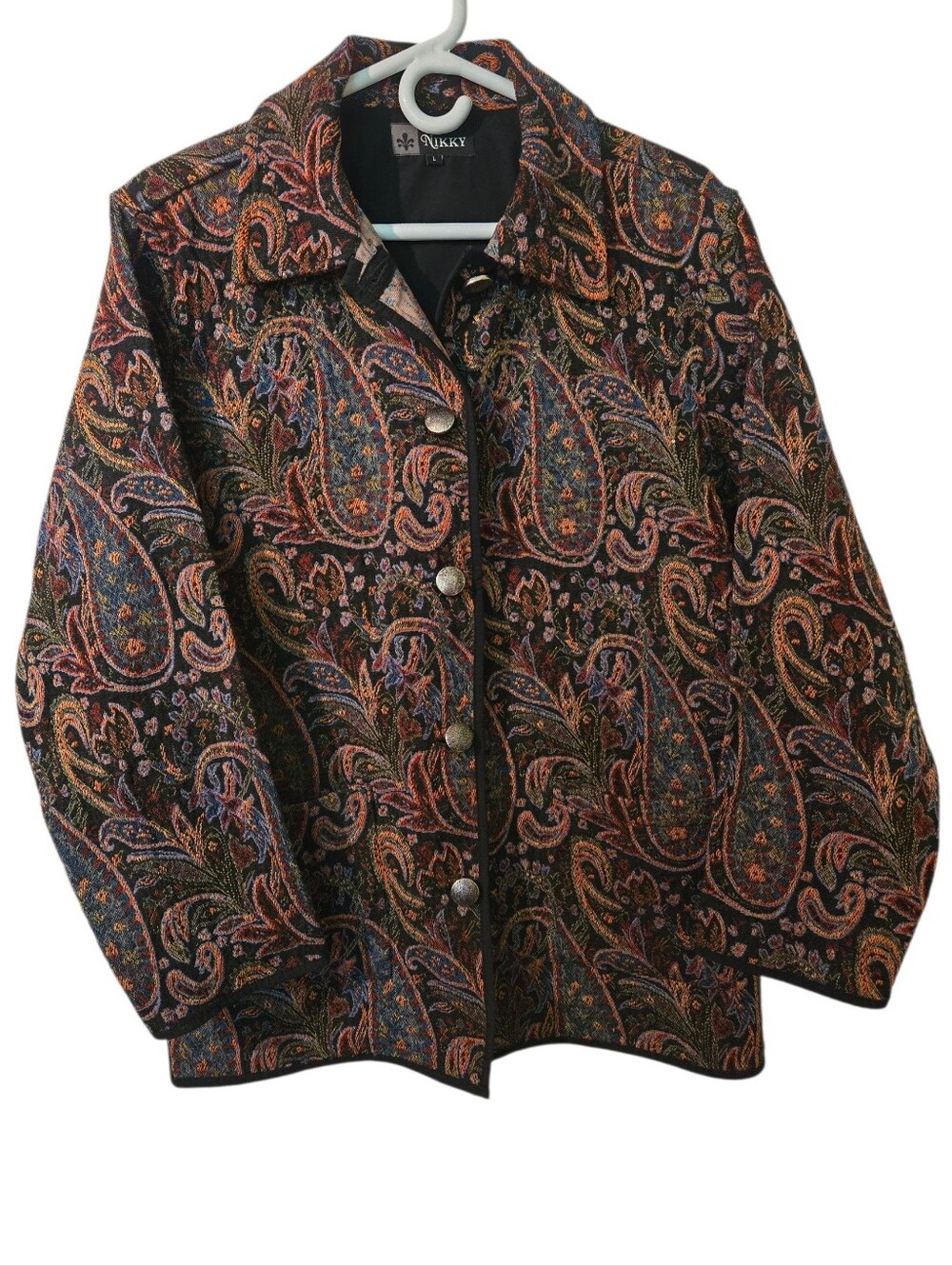 Paisley Tapestry Button-Front Jacket in Black and Multicolor Size L
